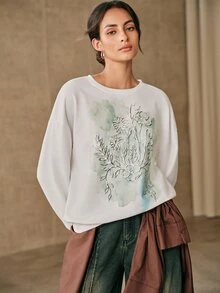 Anewsta 女款秋季休閒花卉印花運動衫 - 白色 - 查看 6