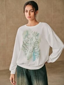Anewsta 女款秋季休閒花卉印花運動衫 - 白色 - 查看 2