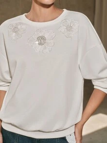 Anewsta Women's 3D Floral Decor Round Neck Long Sleeve Casual Sweatshirt - White - View 6