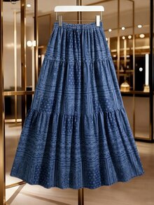 Breezaya Chân váy denim nữ họa tiết in toàn thân, cài nút trước, phong cách thường ngày đi du lịch - Rửa tối - Xem 2