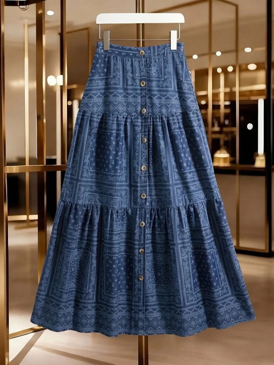 Breezaya Chân váy denim nữ họa tiết in toàn thân, cài nút trước, phong cách thường ngày đi du lịch - Rửa tối - Xem 1