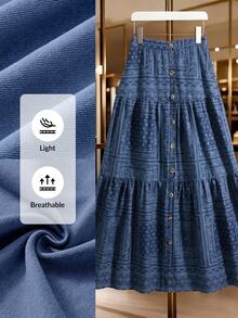 Breezaya Chân váy denim nữ họa tiết in toàn thân, cài nút trước, phong cách thường ngày đi du lịch - Rửa tối - Xem 7