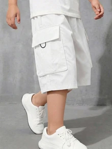 SHEIN Little Byeori 青少年男童休闲日常舒适贴袋宽松纯色梭织短裤 - 白色 - 查看 1