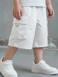 SHEIN Little Byeori 青少年男童休闲日常舒适贴袋宽松纯色梭织短裤 - 白色 - 查看 3