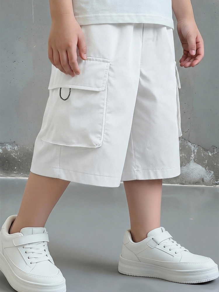 SHEIN Little Byeori 青少年男童休闲日常舒适贴袋宽松纯色梭织短裤 - 白色 - 查看 3