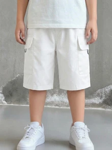 SHEIN Little Byeori 青少年男童休闲日常舒适贴袋宽松纯色梭织短裤 - 白色 - 查看 2