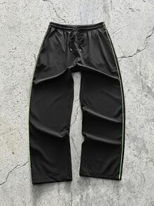 EVRINFINITE 1pc Men's Summer Thin Loose Running Outdoor Training Casual Long Pants, Striped Straight Leg Commuter Pants - Black - View 1