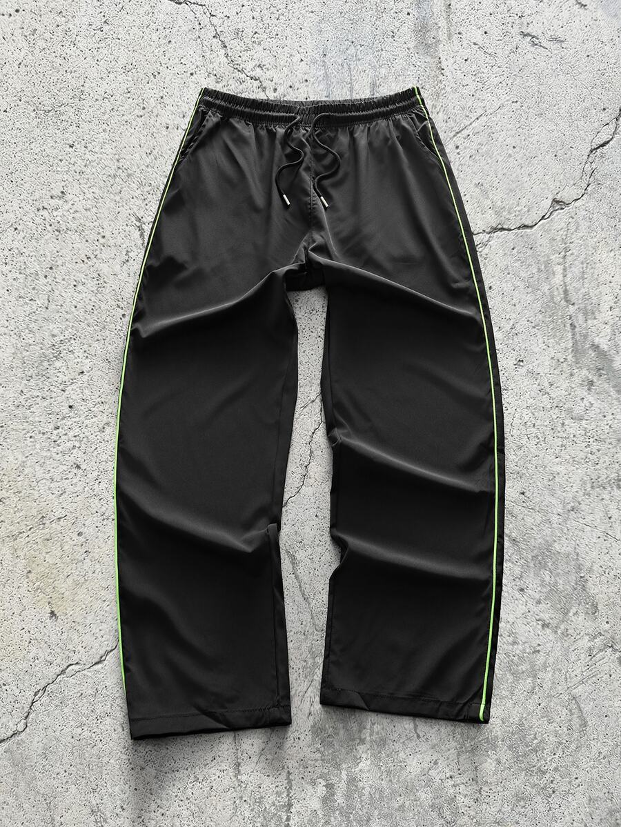 EVRINFINITE 1pc Men's Summer Thin Loose Running Outdoor Training Casual Long Pants, Striped Straight Leg Commuter Pants - Black - View 1