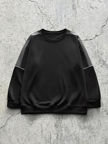 EVRINFINITE Men's Fashionable Color Block Round Neck Simple Sweatshirt, For Fall - Black - View 1