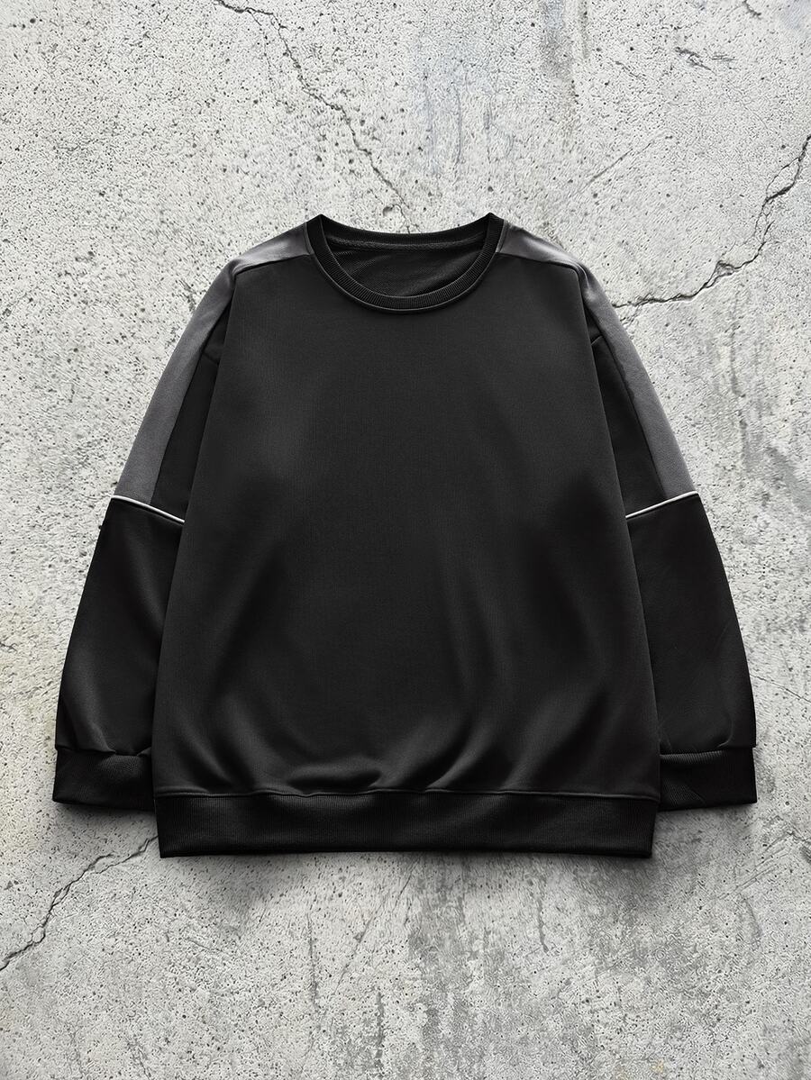 EVRINFINITE Men's Fashionable Color Block Round Neck Simple Sweatshirt, For Fall - Black - View 1