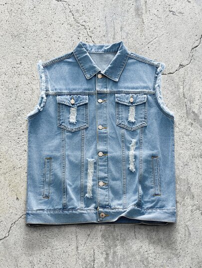 EVRINFINITE Áo gile denim nam mùa xuân/thu 2026 mới, áo vest denim cổ ve rách thời trang, áo denim màu xanh nhạt, phong cách đường phố.