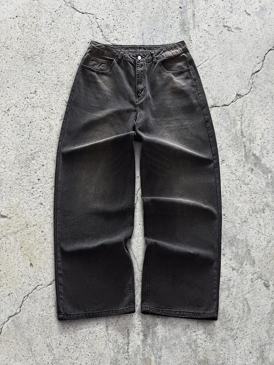 EVRINFINITE 1pc Justice Brother Vintage Washed Loose Fit Wide Leg Jeans, Fashionable & Versatile American Style - Black - View 1