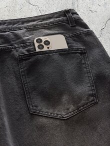 EVRINFINITE 1pc Justice Brother Vintage Washed Loose Fit Wide Leg Jeans, Fashionable & Versatile American Style - Black - View 4