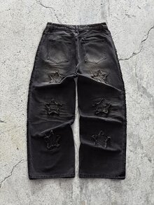 EVRINFINITE 1条正义兄弟复古刺绣星星男士休闲宽松阔腿牛仔裤，香港风格 - 黑色 - 查看 2