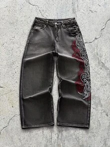 EVRINFINITE 1pc Hong Kong Style High Street 3D Embroidered Floral Fashion Versatile Men's Washed Loose Wide Leg Jeans (Product Does Not Include Belt And Accessories) - Grey - View 1