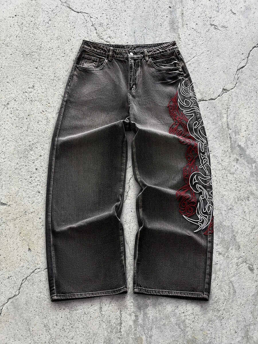 EVRINFINITE 1pc Hong Kong Style High Street 3D Embroidered Floral Fashion Versatile Men's Washed Loose Wide Leg Jeans (Product Does Not Include Belt And Accessories) - Grey - View 1
