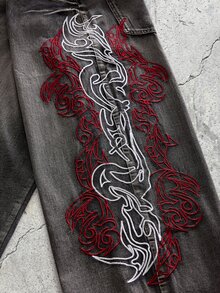 EVRINFINITE 1pc Hong Kong Style High Street 3D Embroidered Floral Fashion Versatile Men's Washed Loose Wide Leg Jeans (Product Does Not Include Belt And Accessories) - Grey - View 4