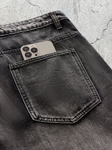 EVRINFINITE 1pc Hong Kong Style High Street 3D Embroidered Floral Fashion Versatile Men's Washed Loose Wide Leg Jeans (Product Does Not Include Belt And Accessories) - Grey - View 5