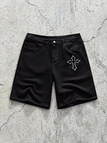 EVRINFINITE 男士十字印花贴袋宽松休闲牛仔百慕大短裤 - 黑色 - 查看 1