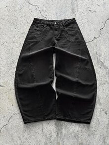 EVRINFINITE 1件 Justice Brother 休闲拼接宽松筒状牛仔裤，做旧水洗，街头风长裤（不含腰带和配饰） - Charcoal - 查看 1