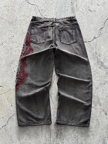 EVRINFINITE 1件 Infinite Jeans 香港风高街 3D 刺绣花卉时尚百搭男士水洗宽松阔腿牛仔裤（产品不含腰带和配饰） - 黑色 - 查看 2