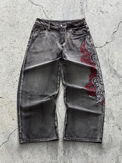 EVRINFINITE 1pc Infinite Jeans Hong Kong Style High Street 3D Embroidery Floral Fashion Versatile Men's Washed Loose Wide Leg Jeans (Product Does Not Include Belt And Accessories)