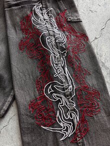 EVRINFINITE 1件 Infinite Jeans 香港风高街 3D 刺绣花卉时尚百搭男士水洗宽松阔腿牛仔裤（产品不含腰带和配饰） - 黑色 - 查看 5