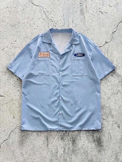 EVRINFINITE Kemeja Pria Bergaris Biru dengan Kancing Depan, Atasan Lengan Pendek Berkerah dengan Detail Patchwork yang Stylish, Kemeja Bergaris Kasual Gaya Kargo Retro, Kemeja Musim Panas Longgar Modern untuk Pria Urban