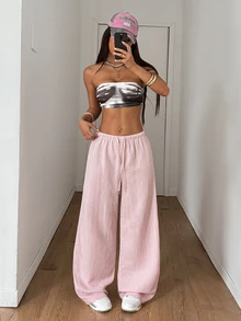 StreetHx Petite Celana Panjang Wanita Bertekstur Model Lurus, Pakaian Musim Panas dan Gugur untuk Wanita, Wanita Bertubuh Mungil - Berwarna merah muda - View 3