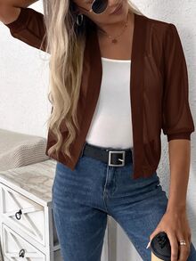Easowa Solid Open Front Jacket In Summer,Casual Office Coffee Brown - Coffee Brown - View 3