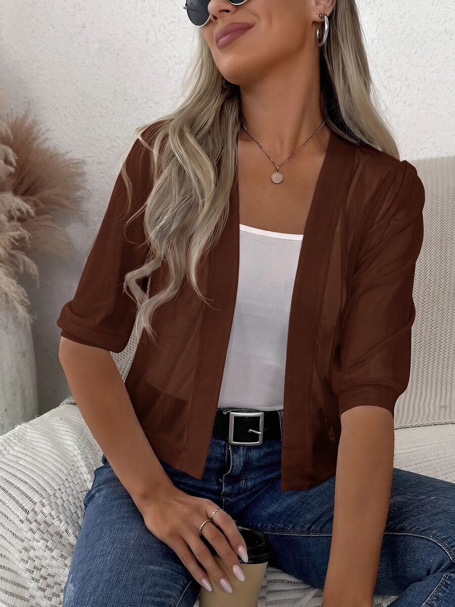 Easowa Solid Open Front Jacket In Summer,Casual Office Coffee Brown - Coffee Brown - View 1