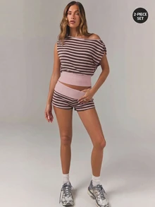 Athîral Women's Striped Colorblock Top And Shorts Casual Daily Set - Pink - View 4