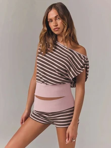 Athîral Women's Striped Colorblock Top And Shorts Casual Daily Set - Pink - View 5