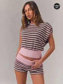 Athîral Women's Striped Colorblock Top And Shorts Casual Daily Set - Pink - View 1