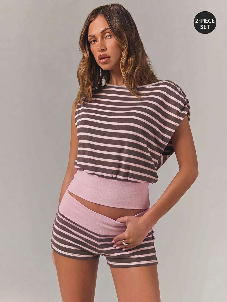 Athîral Women's Striped Colorblock Top And Shorts Casual Daily Set - Pink - View 1