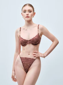 Softvol 2pcs/Set Women's Lace Underwire Bra And Panty Set,Push Up,Sexy Lingerie Fantasy Costume - Coffee Brown - View 3