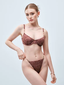 Softvol 2pcs/Set Women's Lace Underwire Bra And Panty Set,Push Up,Sexy Lingerie Fantasy Costume - Coffee Brown - View 5