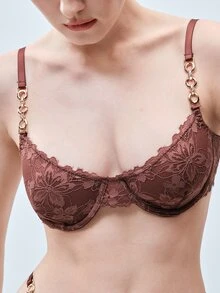 Softvol 2pcs/Set Women's Lace Underwire Bra And Panty Set,Push Up,Sexy Lingerie Fantasy Costume - Coffee Brown - View 6