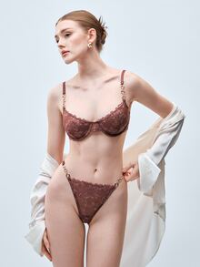 Softvol 2pcs/Set Women's Lace Underwire Bra And Panty Set,Push Up,Sexy Lingerie Fantasy Costume - Coffee Brown - View 1