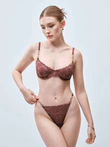 Softvol 2pcs/Set Women's Lace Underwire Bra And Panty Set,Push Up,Sexy Lingerie Fantasy Costume - Coffee Brown - View 4