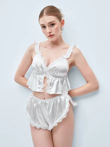 Softvol 2pcs/Set Women's White Deep V-Neck Lace Patchwork Crop Top And Shorts, Summer/Spring Bridal Sleepwear, Casual Pajamas, Loungewear Set - White - View 8