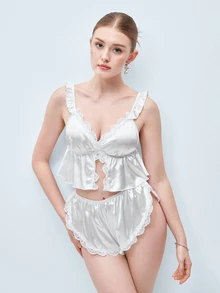 Softvol 2pcs/Set Women's White Deep V-Neck Lace Patchwork Crop Top And Shorts, Summer/Spring Bridal Sleepwear, Casual Pajamas, Loungewear Set - White - View 7