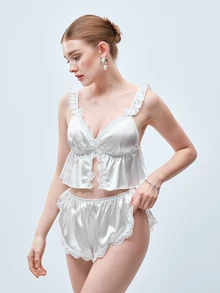 Softvol 2pcs/Set Women's White Deep V-Neck Lace Patchwork Crop Top And Shorts, Summer/Spring Bridal Sleepwear, Casual Pajamas, Loungewear Set - White - View 4