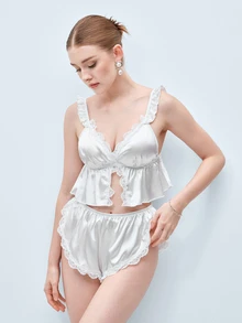 Softvol 2pcs/Set Women's White Deep V-Neck Lace Patchwork Crop Top And Shorts, Summer/Spring Bridal Sleepwear, Casual Pajamas, Loungewear Set - White - View 6
