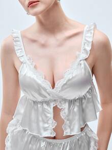 Softvol 2pcs/Set Women's White Deep V-Neck Lace Patchwork Crop Top And Shorts, Summer/Spring Bridal Sleepwear, Casual Pajamas, Loungewear Set - White - View 5