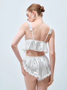 Softvol 2pcs/Set Women's White Deep V-Neck Lace Patchwork Crop Top And Shorts, Summer/Spring Bridal Sleepwear, Casual Pajamas, Loungewear Set - White - View 2