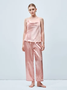 Softvol 2pcs Women Solid Color Sleepwear Set, Lightweight Silk-Like Comfortable Cool Satin Sexy Draped Neck Camisole And Long Pants, Elegant Loungewear - Pink - View 4
