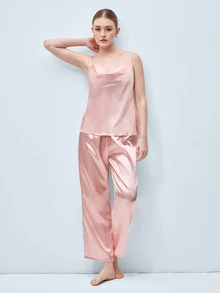 Softvol 2pcs Women Solid Color Sleepwear Set, Lightweight Silk-Like Comfortable Cool Satin Sexy Draped Neck Camisole And Long Pants, Elegant Loungewear - Pink - View 9