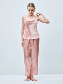 Softvol 2pcs Women Solid Color Sleepwear Set, Lightweight Silk-Like Comfortable Cool Satin Sexy Draped Neck Camisole And Long Pants, Elegant Loungewear - Pink - View 5