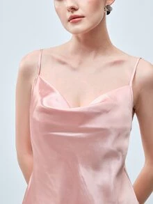 Softvol 2pcs Women Solid Color Sleepwear Set, Lightweight Silk-Like Comfortable Cool Satin Sexy Draped Neck Camisole And Long Pants, Elegant Loungewear - Pink - View 7